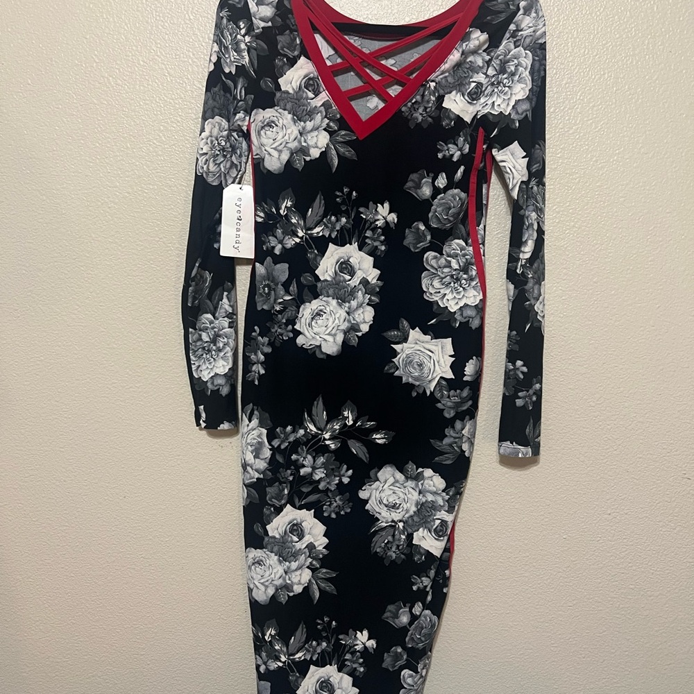 Eye Candy Black and Red Floral Long Sleeve Dress